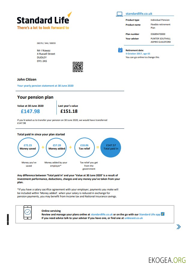 Royaume Uni Standard Life justificatif de domicile relevé de pension au format Word et PDF (.doc et .pdf)